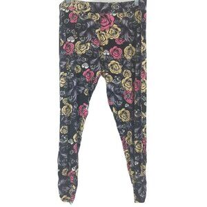 Lauren Moshi Black Floral Skull Print Leggings Ruched Mid Rise Lounge Wear S